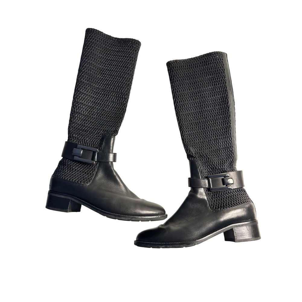 Aquatalia Leather Stretch Woven Riding Equestrian Boot Size 7.5 Black Italy $595